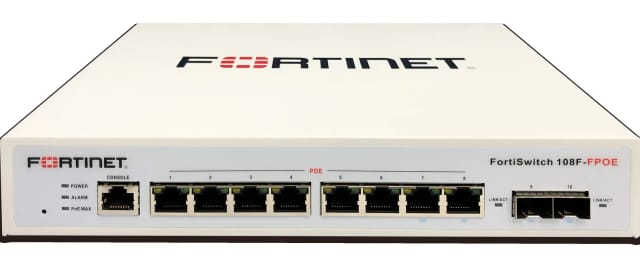 Fortinet FortiSwitch 108F-FPOE - Conmutador - Gestionado - 8 x 10/100/1000 (PoE+) + 2 x Gigabit SFP - flujo de aire lateral hacia atrás - sobremesa, montaje en rack - PoE+ (130 W)