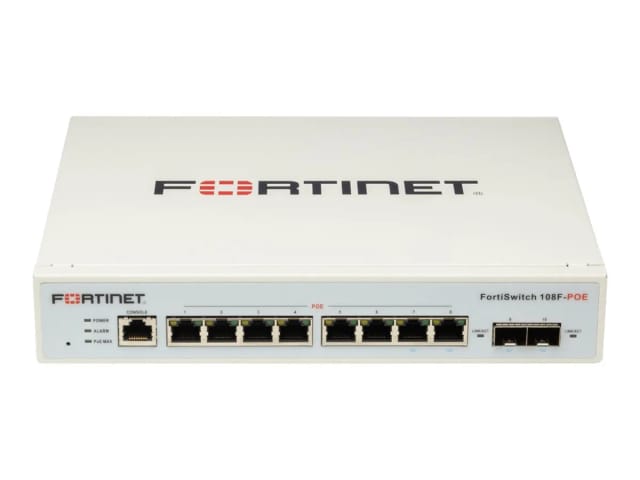 Fortinet FortiSwitch 108F-POE - Conmutador - Gestionado - 8 x 10/100/1000 (PoE+) + 2 x Gigabit SFP - sin ventilador - sobremesa, montaje en rack - PoE+ (65 W)