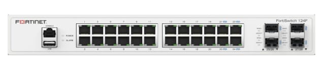 Fortinet FortiSwitch 124F - Conmutador - Gestionado - 24 x 10/100/1000 + 4 x 10 Gigabit SFP+ - flujo de aire lateral hacia atrás - montaje en rack